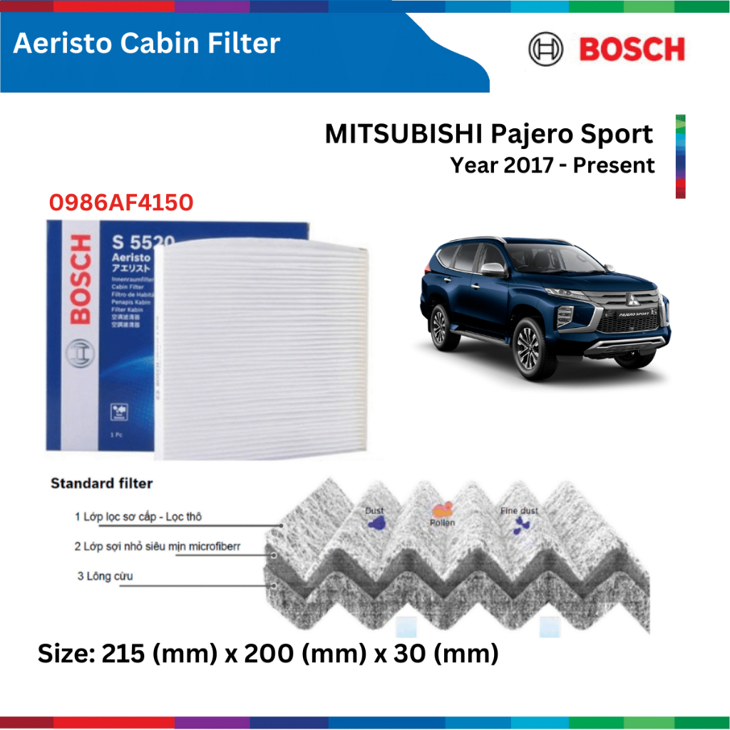 Lọc gió điều hòa BOSCH Aeristo 0986AF4150, MITSUBISHI Pajero Sport, Pajero đời xe 2017 đến nay