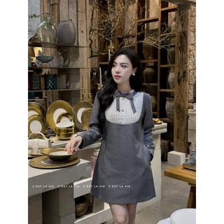Váy tweed cổ ren phối nơ C'est lavie