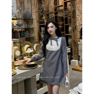 Váy tweed cổ ren phối nơ C'est lavie