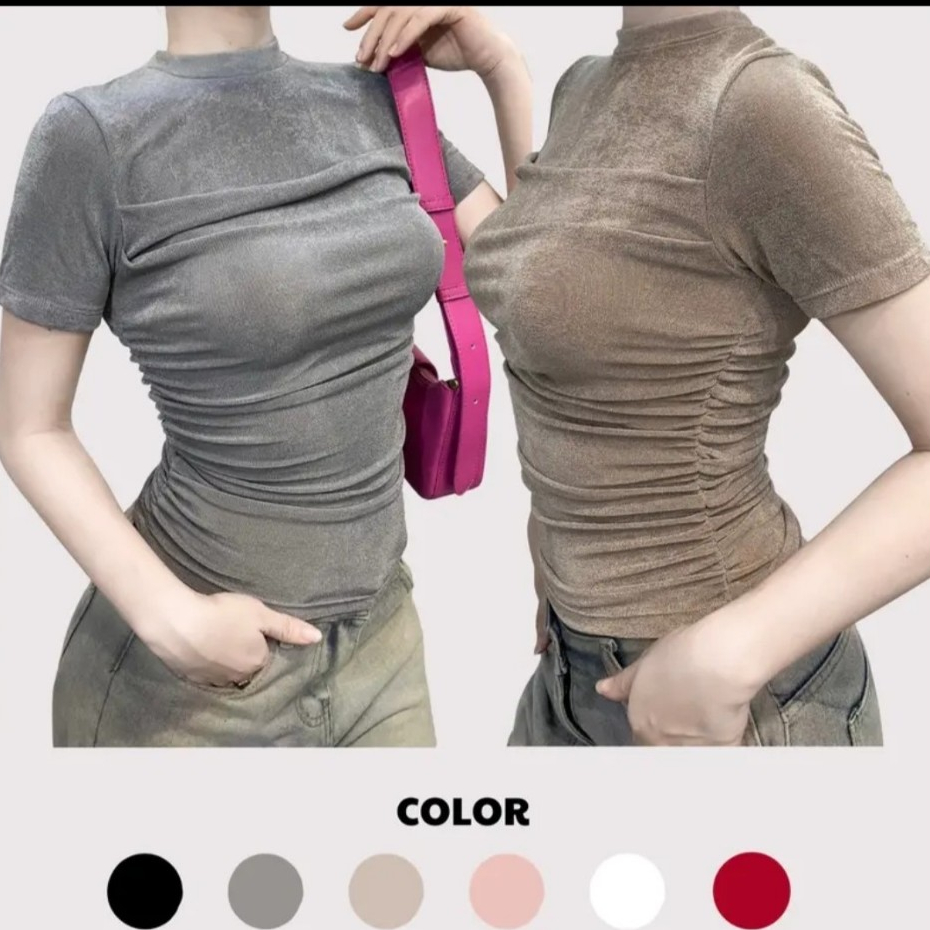 BARE_Áo thun cổ lọ tay ngắn vải nhũ sang chảnh thiết kế nhún sườn tôn dáng có may lót trong- A274