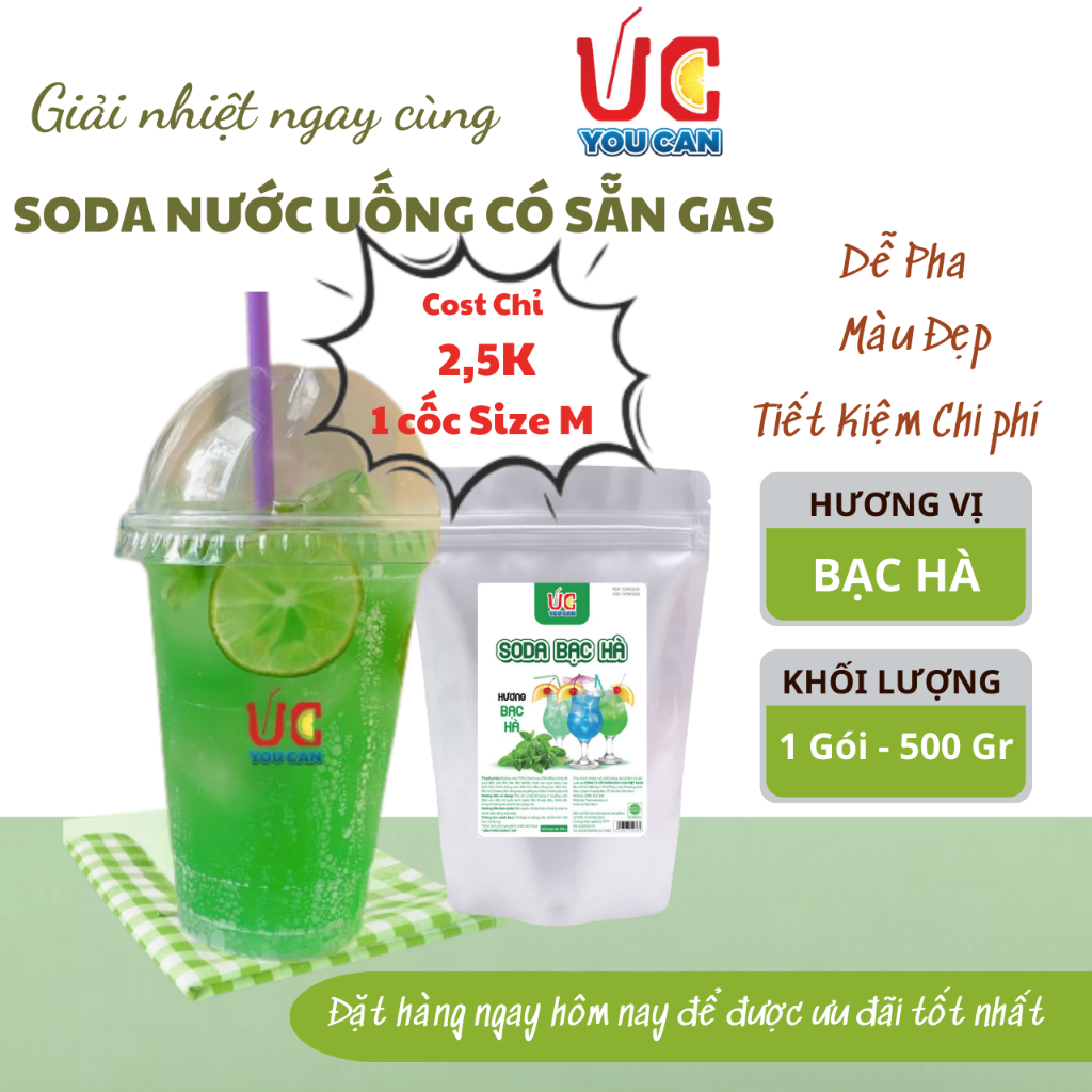 Soda Bạc Hà (1gói 500gr) Soda UC,Nước Uống Giải Khát Có Sẵn Gas, Không Cần Siro và Nước Có Gas,Đủ Vị,Thơm Ngon, Dễ Pha