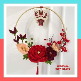 Vòng hoa handmade kẽm nhung trang trí, decor cửa tết - 30cm