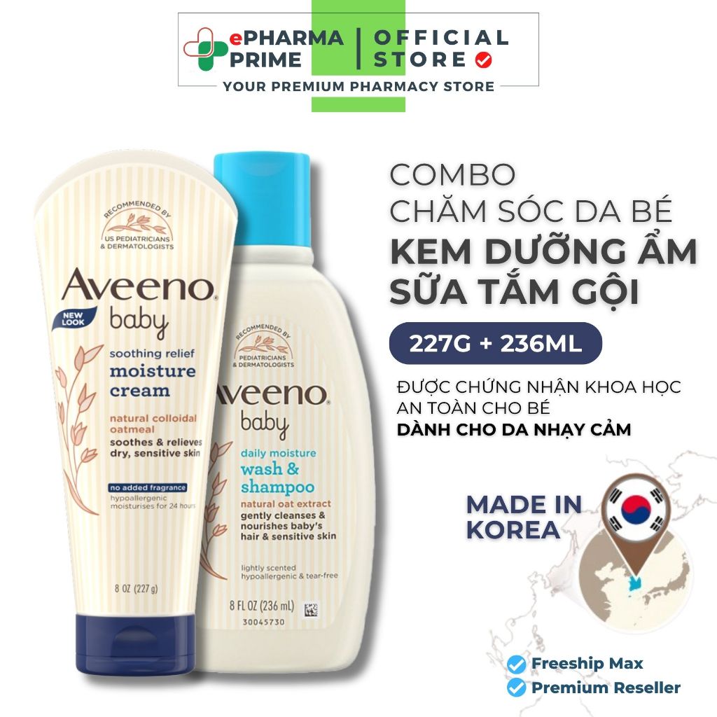 [COMBO] Kem Dưỡng Ẩm Aveeno Baby Soothing Relief, Sữa Tắm Gội Aveeno Baby Moisture Wash & Shampoo