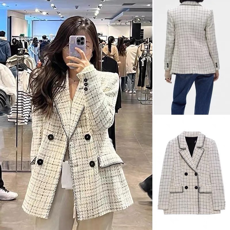 Áo blazer dạ tweed sọc viền chỉ xuất dư ZR cho nữ