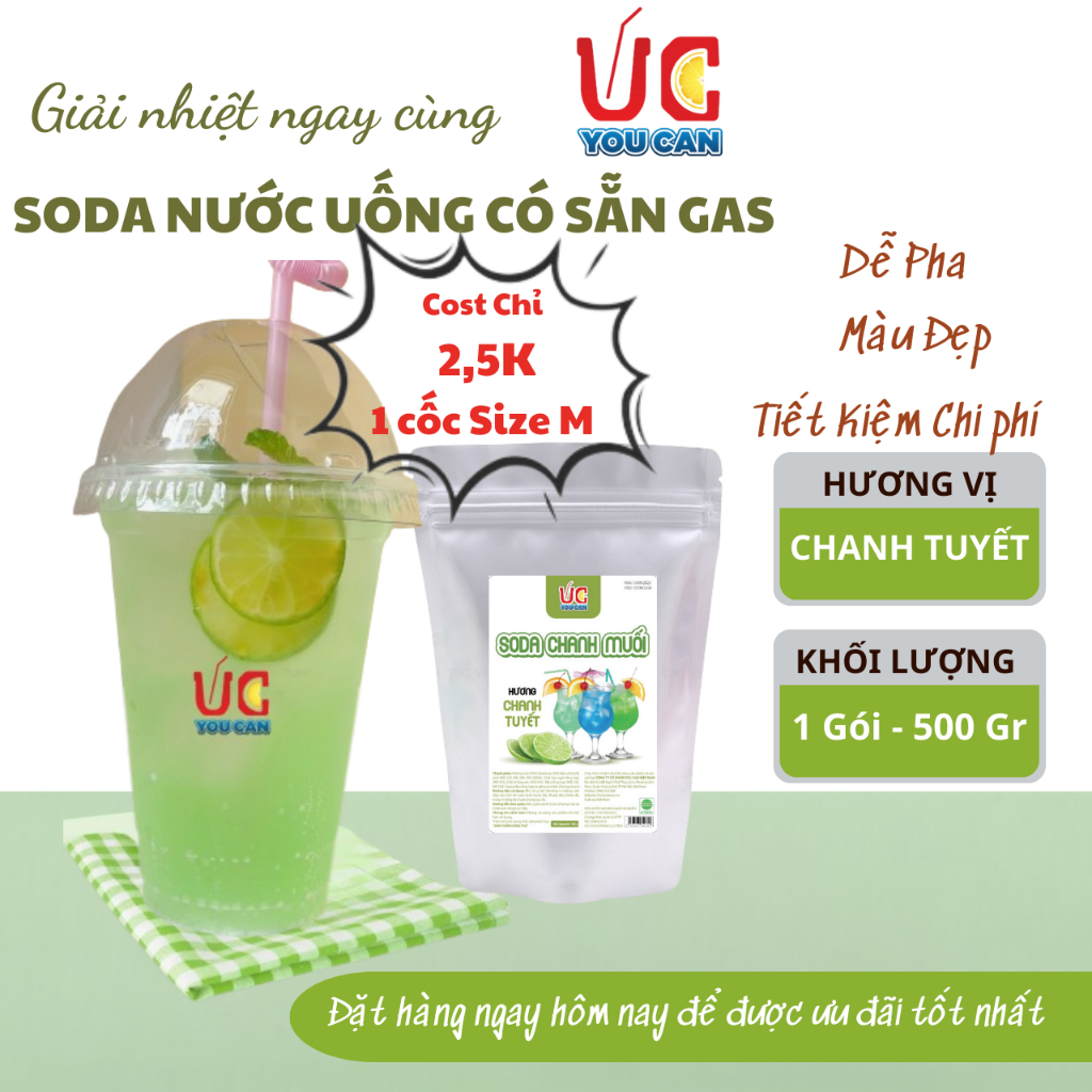 Soda Chanh (1 gói 500gr) Soda UC, Nước Uống Giải Khát Có Sẵn Gas, Không Cần Siro và Nước Có Gas, Đủ Vị,Thơm Ngon, Dễ Pha