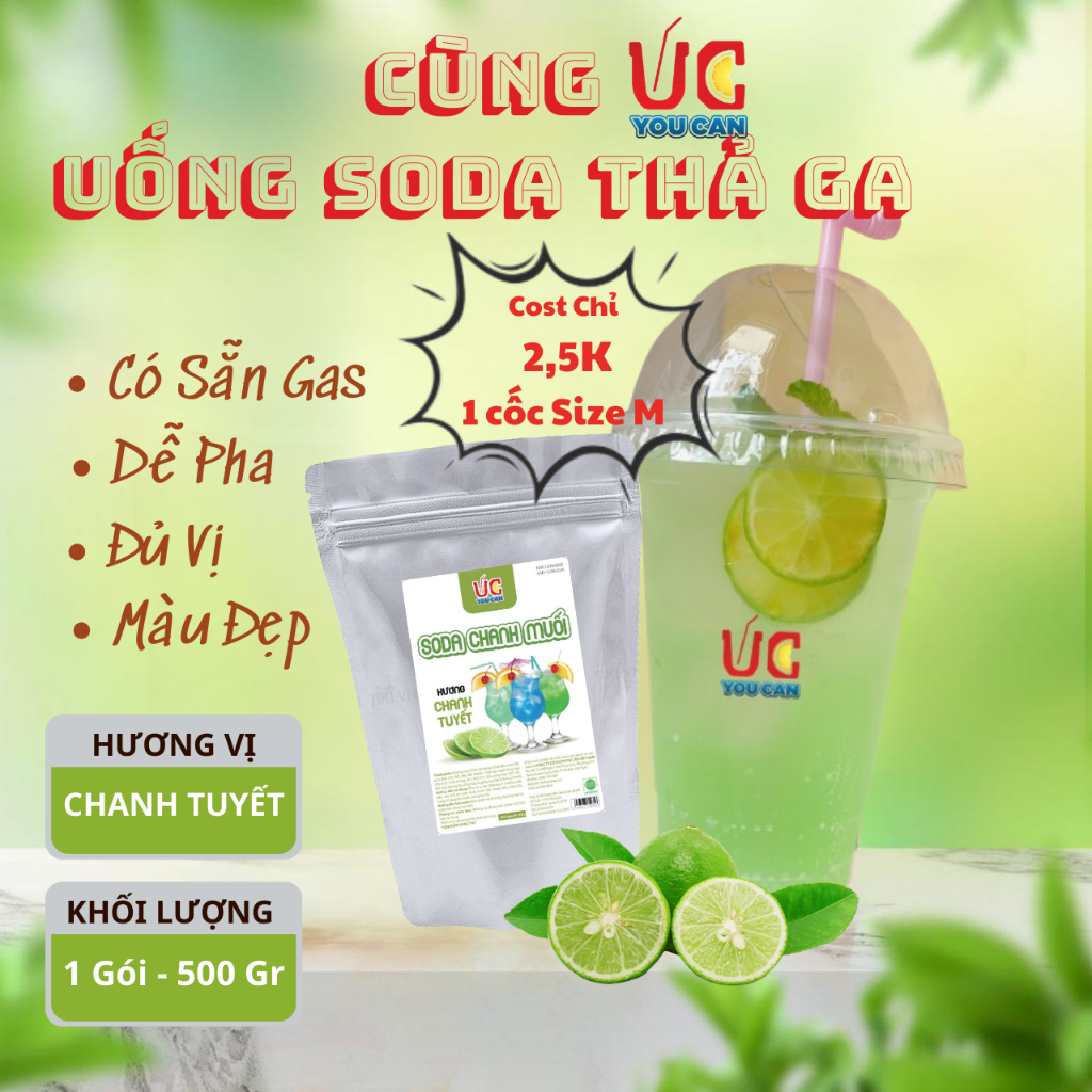 Soda Chanh (1 gói 500gr) Soda UC, Nước Uống Giải Khát Có Sẵn Gas, Không Cần Siro và Nước Có Gas, Đủ Vị,Thơm Ngon, Dễ Pha