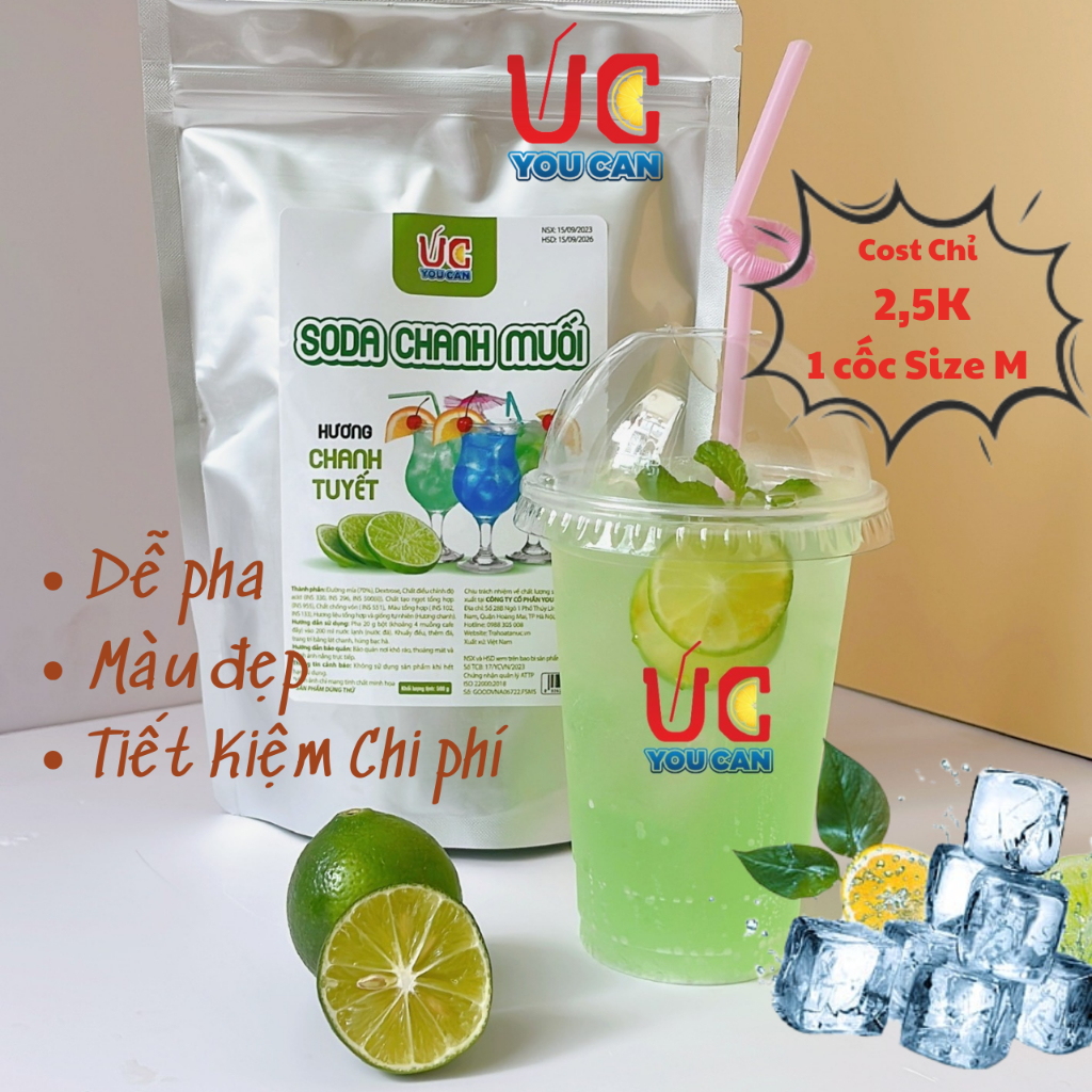 Soda Chanh (1 gói 500gr) Soda UC, Nước Uống Giải Khát Có Sẵn Gas, Không Cần Siro và Nước Có Gas, Đủ Vị,Thơm Ngon, Dễ Pha