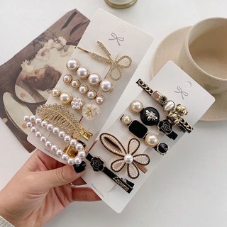 Sét 6 kẹp tóc đính đá và ngọc trai sang chảnh, sét kẹp tóc mái kim loại sang chảnh phong cách hàn quốc