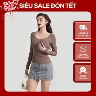 Áo Dài Tay Cổ Tròn Viền Nữ Dáng Thường BUSY Thun Tăm Rayon Co Giãn Ôm Sát DT18T