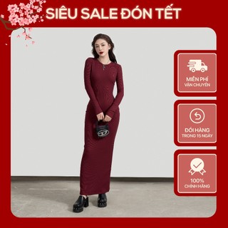 Váy Dài Tay Maxi Nữ Cổ Viền BUSY Len Co Giãn Ôm Sát VDT11