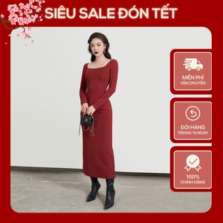 Váy Dài Tay Nữ Xẻ Sau BUSY Thun Mịn Dày Co Giãn Ôm Sát VDT10