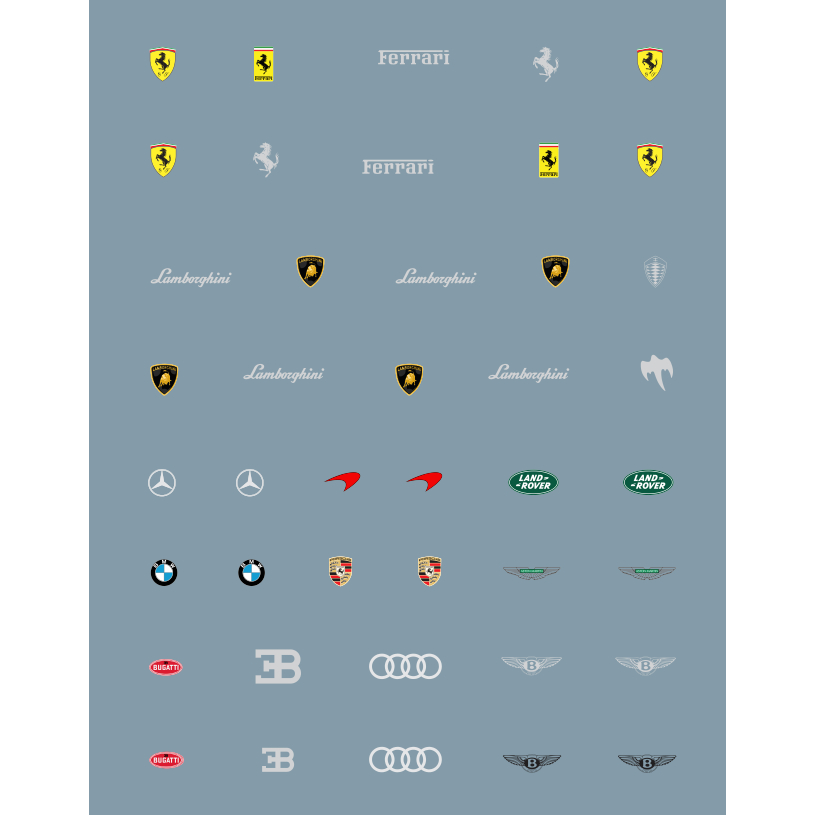 Decal nước LOGO các hãng xe Châu Âu (EUROPE) cho xe mô hình 1:64 (DARK TONE, Logo Silver là màu nhũ bạc)