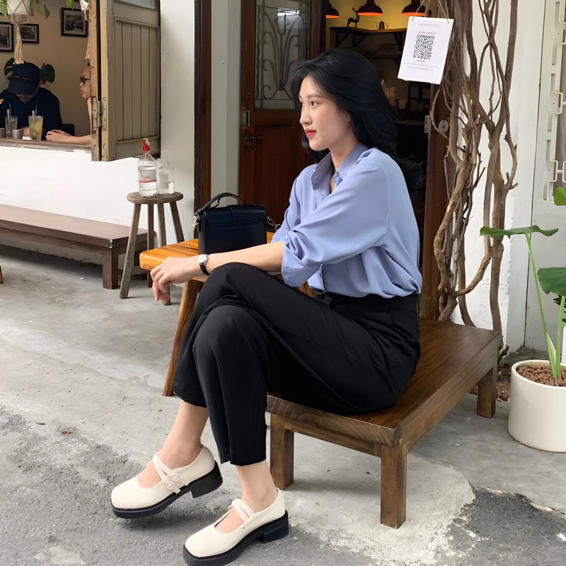 Áo sơ mi nữ công sở màu xanh dài tay form rộng chất mát mịn không nhăn AAS442