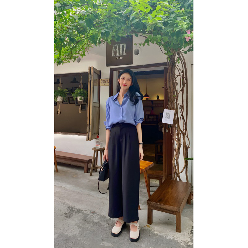 Áo sơ mi nữ công sở màu xanh dài tay form rộng chất mát mịn không nhăn AAS442