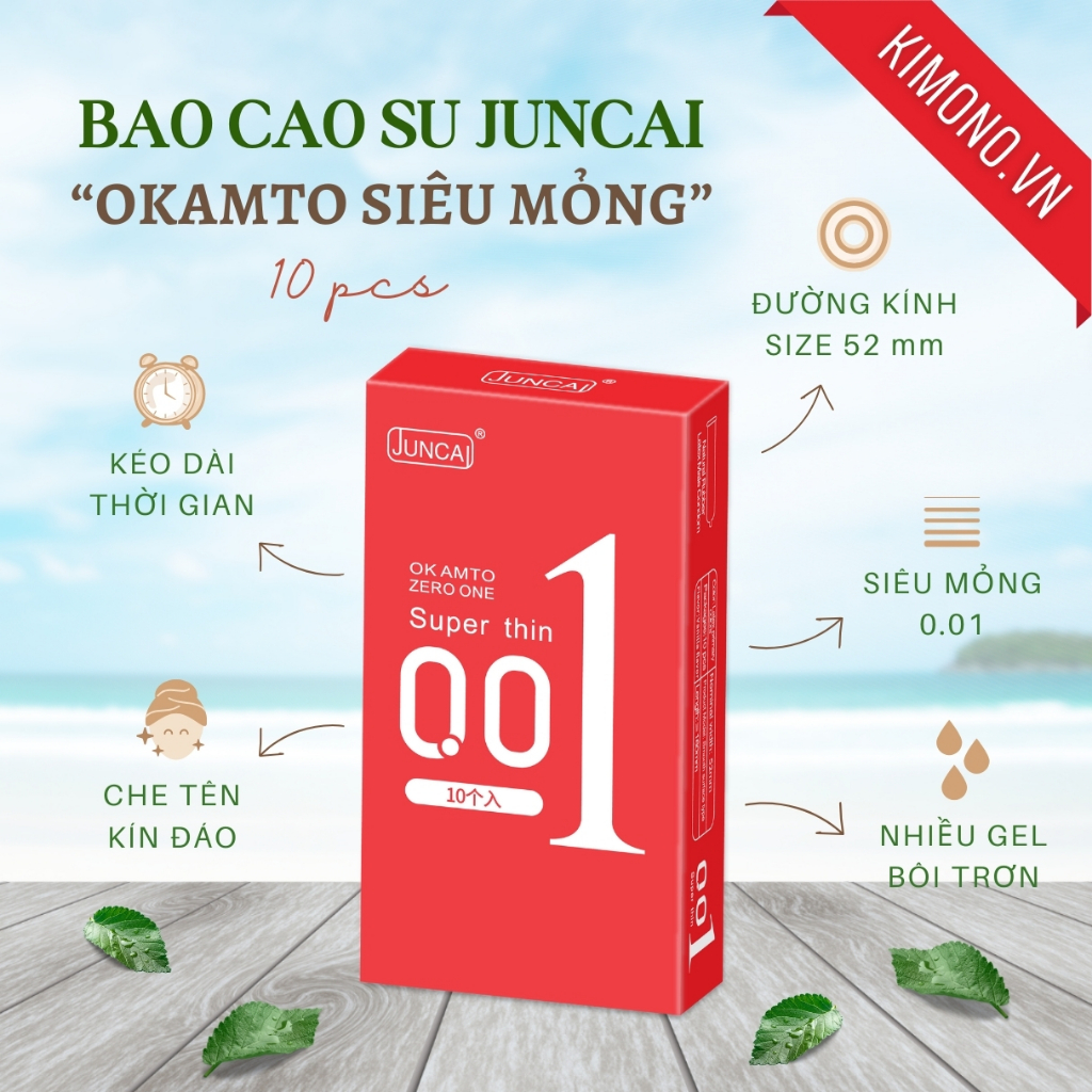 Bao cao su siêu mỏng Juncai 0.01 Okamto Super thin size 52 cực mỏng nhiều gel bôi trơn, hương vani hộp 10 cái bcs