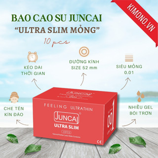 Bao cao su nam Juncai Siêu mỏng 001 Ultra Slim Nhiều gel bôi trơn kéo dài thời gian, Hộp 10 bcs