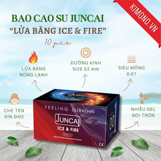 Bao cao su Juncai Lửa băng siêu mỏng 001 ICE & FIRE mát lạnh nhiều gel bôi trơn, Hộp 10 bcs size 52mm