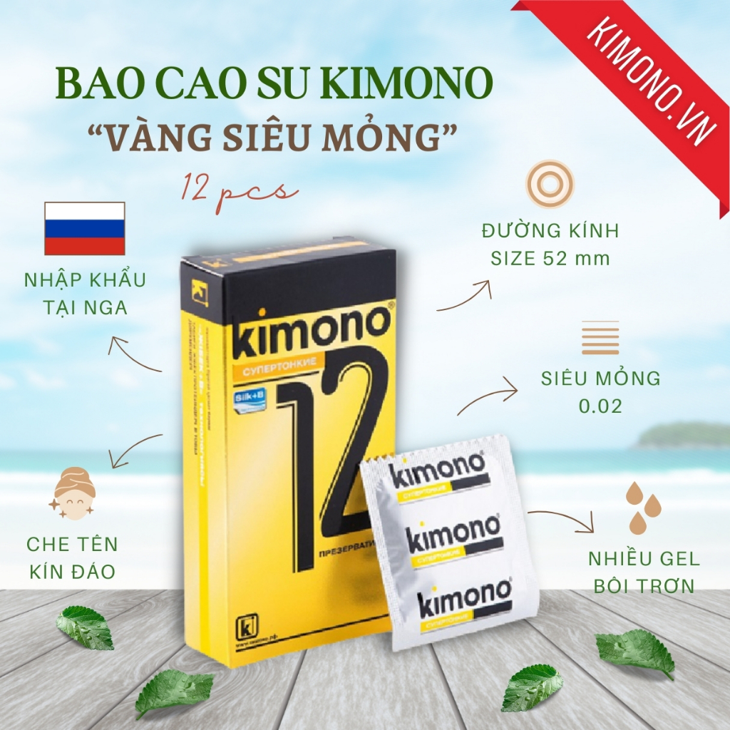 Bao cao su Kimono siêu mỏng 0.02 màu vàng Gold chứa vitamin B cấp ẩm bôi trơn, Hộp 3&12 bcs