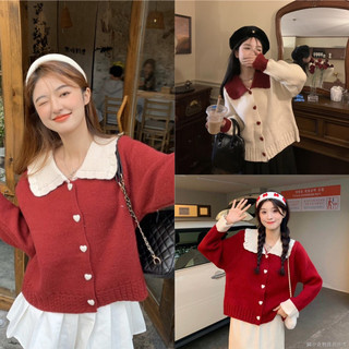 Áo len phối viền trắng đỏ cổ thuỷ thủ cúc tim style ulzzang