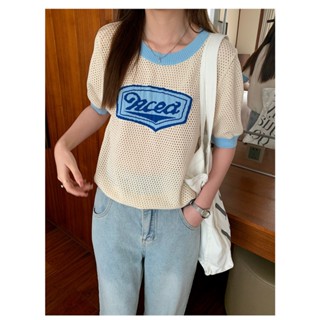 Áo thun lưới nữ Tay ngắn Form rộng Cổ tròn Thêu chữ hình Hàn Quốc Áo phông thun nữ Cộc tay Dáng rộng