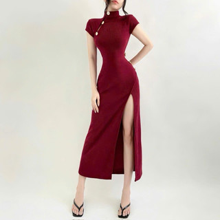 ĐẦM BODY SẺ TÀ DÀI CỔ TÀU PHONG CÁCH CHINA DTAU9