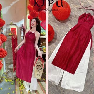 Áo Dài Tết Cách Tân Gấm, Áo Dài Tết Đỏ Cổ Yếm Đính Hoa Kèm Quần Suông Ống Rộng Trắng Chất Liệu Cao Cấp Màu Sắc Thiết Kế