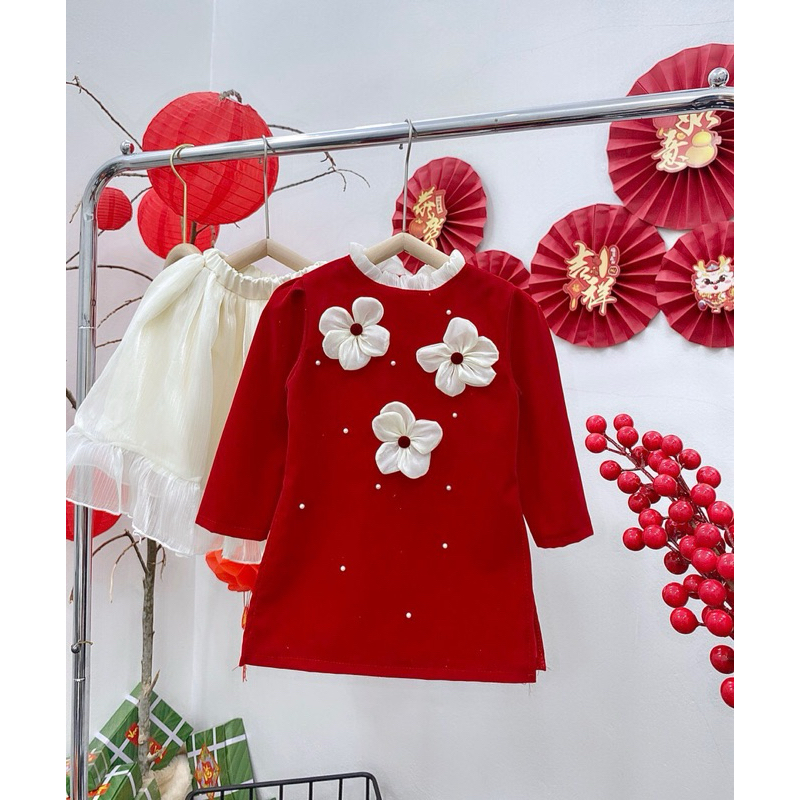 Áo dài cho bé gái hoa 3D cao cấp 20-35kg
