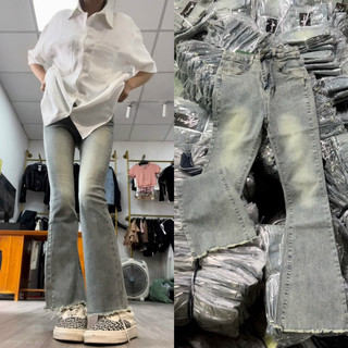 Quần jeans loe trơn tua viền cạp cao, quần jeans loe co giãn