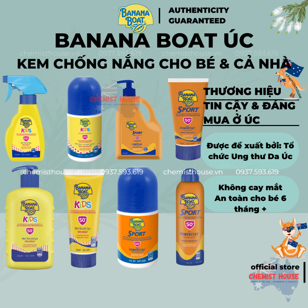 Banana Boat Úc Kem Chống Nắng Cho Bé, Trẻ Em An Toàn Không Chảy Vào Mắt SPF 50+ UVA/UVB Dạng Xịt, Lăn, Vòi