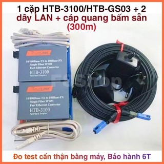 Combo converter quang 100/1000mbps + 300m cáp quang bấm sẵn + tặng 2 dây nhảy lan bộ chuyển đổi quang điện htb 3100 gs03
