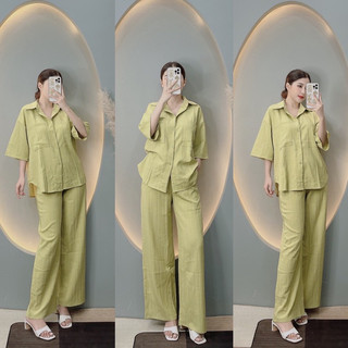 Sét bộ sơ mi đũi áo cộc quần dài ống xuông