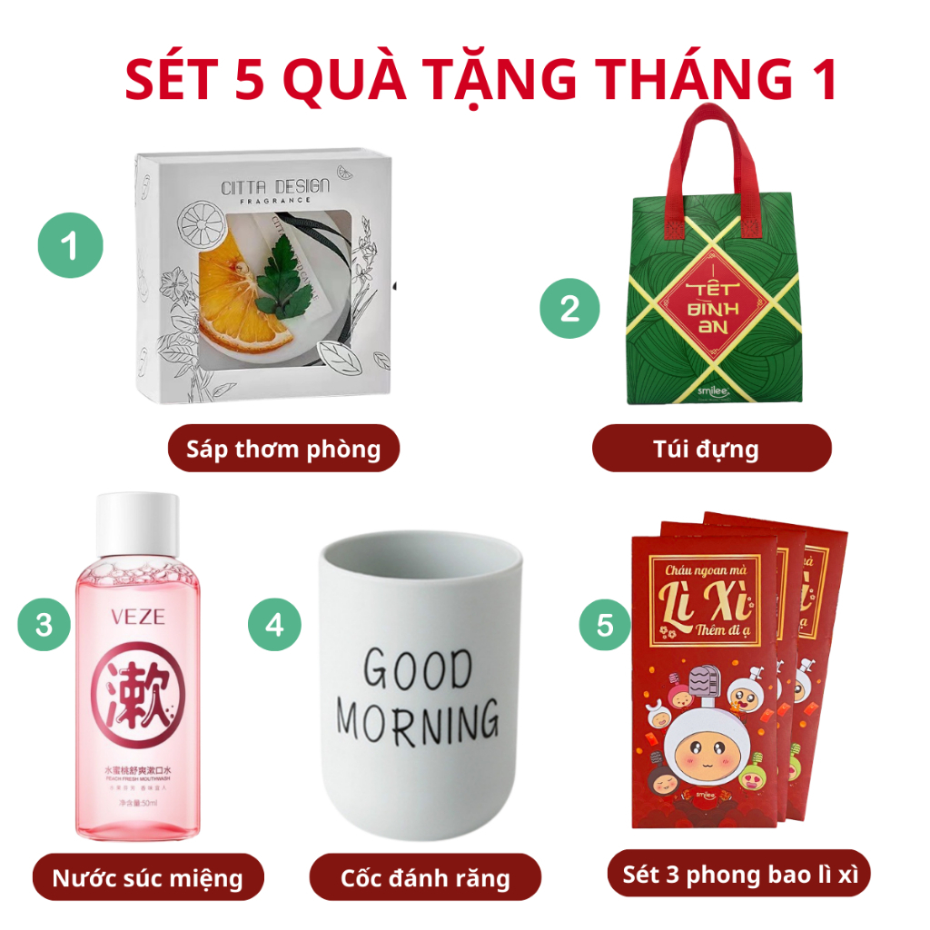  Set quà tặng 5 món: sáp thơm treo phòng, cốc đánh răng, nước súc miệng, bao lì xì, đèn lồng