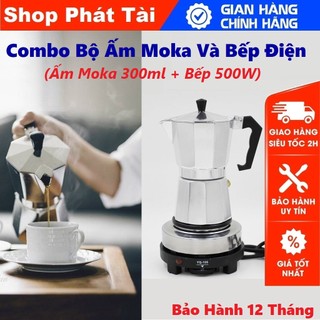 Ấm Pha Cafe Moka Pot + Bếp Điện - Combo Cả Bộ Gồm Ấm Moka 300ml ( 6 Cup ) Và Bếp Điện Mini 500W ( Chỉ Việc Dùng )