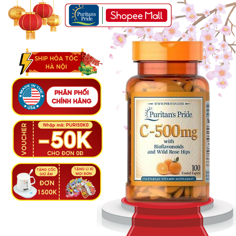 Bổ sung vitamin C500mg with Bioflavonoids & Rose Hips Puritan's Pride 100 viên của Mỹ