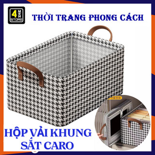 Hộp vải đựng quần áo khung sắt họa tiết caro gấp gọn - hộp khung sắt vải canvas caro đựng quần áo, tất, đồ lót, chăn màn