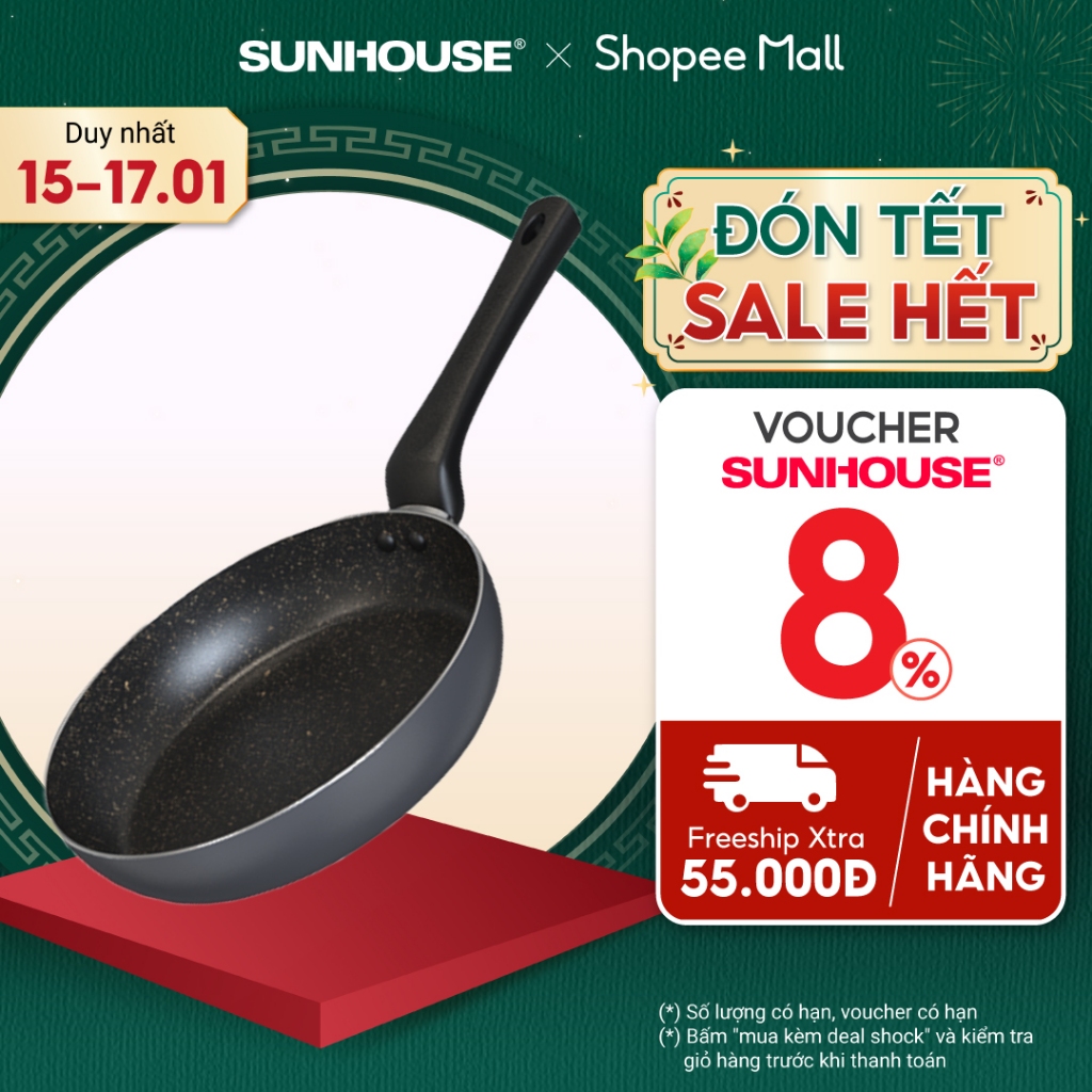 Chảo chống dính Sunhouse CT Plus - Đường kính: 18-20-22-24-26-28-30cm - KHÔNG DÙNG ĐƯỢC TRÊN BẾP TỪ - Hàng chính hãng