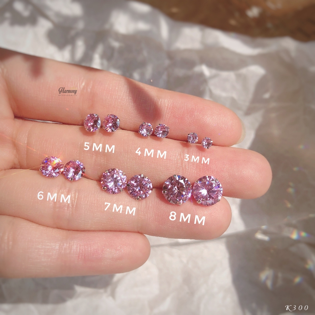 Khuyên tai nữ bạc 925 thanh thẳng ổ đá hồng nhiều size basic xinh xắn  | HARMONY ACCESSORIES K300