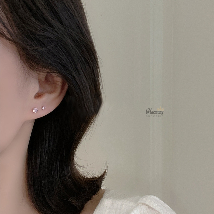 Khuyên tai nữ bạc 925 thanh thẳng ổ đá hồng nhiều size basic xinh xắn  | HARMONY ACCESSORIES K300