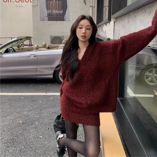Sét áo len + chân váy len, sét đồ len cổ áo hữ V chân váy dáng ngắn hàng order Taobao nhà Oanhdilys