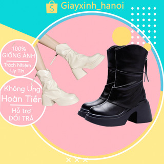 Bốt đốc nữ cổ cao mũi tròn phong cách mới lạ, Giày bốt nữ cổ lửng đế cao 7p cá tính thời trang thu đông mẫu mới