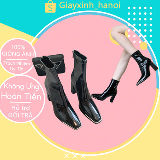 Giày bốt nữ cổ cao chất da bóng, Bốt cổ cao ôm chân cao gót nữ đế 7p mũi vuông siêu sang chảnh