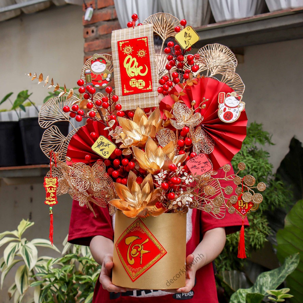 Chậu Đào Đông Trang Trí TẾT A37 May Mắn Tài Lộc – Handmade