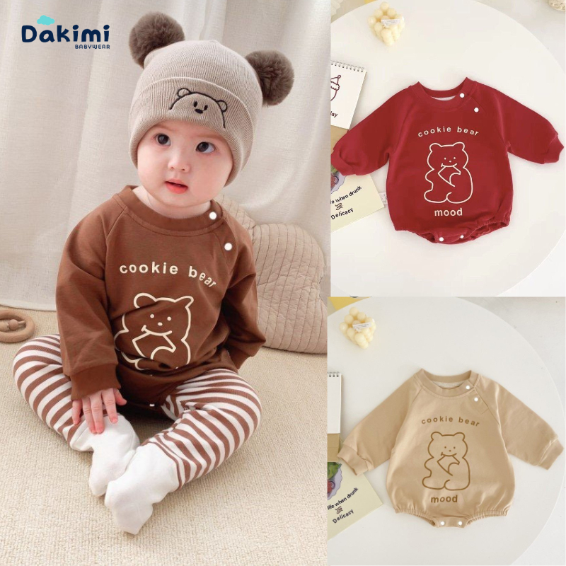 Body chip dài tay Hình Gấu DAKIMI,Quần áo sơ sinh kèm quần tất chất cotton mềm mịn,Bodysuit từ 0-12M