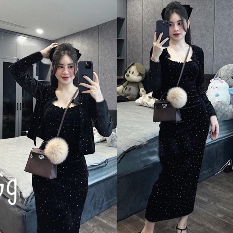 Set Nhung Blingg Đính đá siêu cấp siêu đẹp Áo khoác + Đầm ôm body 2s mab