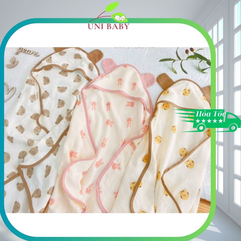 Ủ choàng cho bé sơ sinh vải muslin 4 lớp có mũ trùm đầu làm khăn quấn cho bé Uni Baby