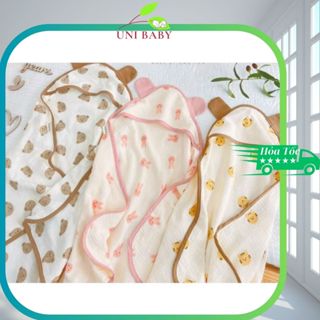 Ủ choàng cho bé sơ sinh vải muslin 4 lớp có mũ trùm đầu làm khăn quấn cho bé Uni Baby