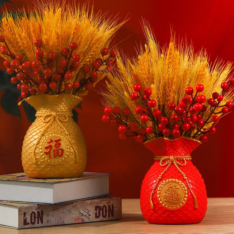Bình hoa túi tiền Tết 2024, bông lúa mạch, cành đào mini giả trang trí, decor để bàn năm mới Nguyên Đán