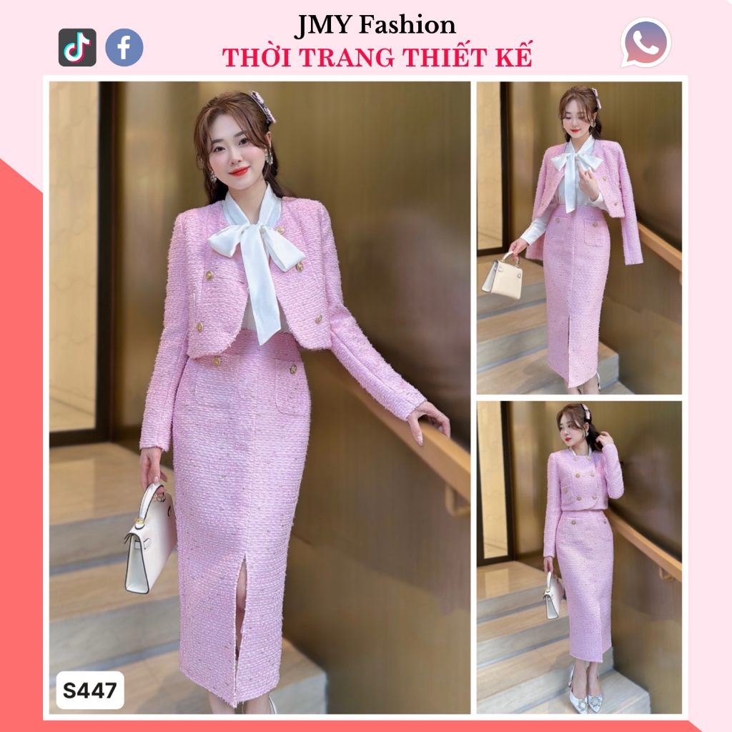 áo khoác dạ tweed hồng, chân váy bút chief dài xẻ giữa sang chảnh