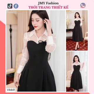 V4441 Váy đen xòe phối sơ mi trắng công sở [Dolce Viva Colection (DVC)] đầm đen phối tay voan hoa sang chảnh