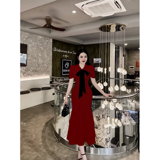 💗 ĐẦM MIDI ĐUÔI CÁ ĐỎ CỔ BẺ PHỐI NƠ TO 💗